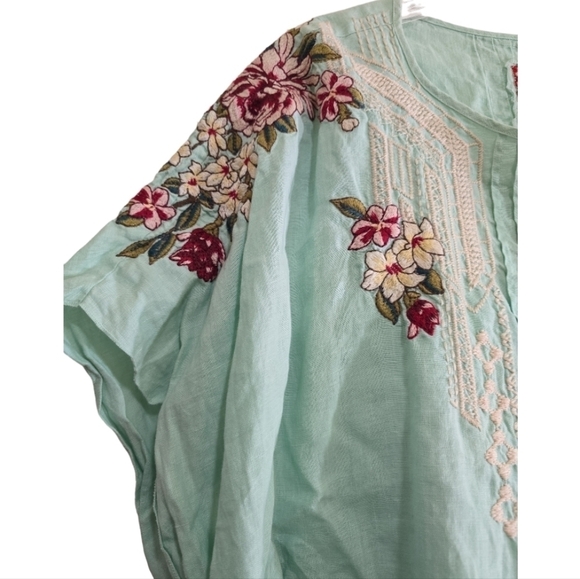 Johnny Was Rosalie Linen Pintuck Poncho Top Cool Mint Green Embroidered Large - Picture 3 of 8